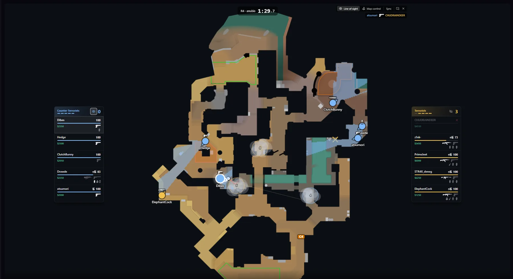 Fog of war on Anubis: the board limited to what the CT side knows, with unspotted Ts hidden from the map