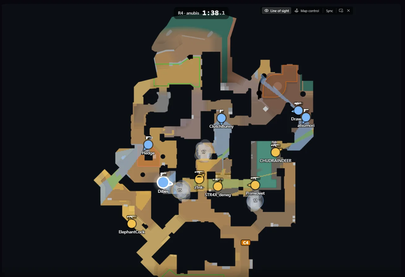 Line of sight on Anubis: lit ground showing exactly what each player can see, with vision cut off by walls and smokes
