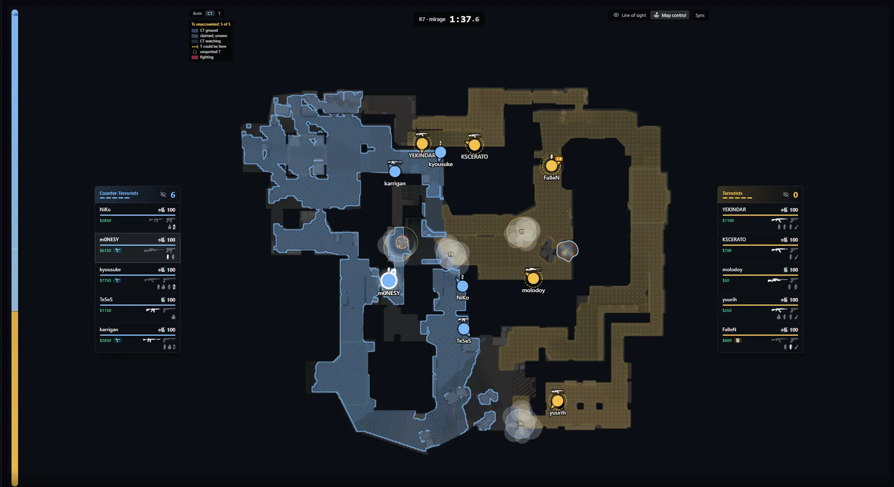 Map control from the CT perspective at the same tick, showing cleared CT ground and possibility clouds for the unaccounted Ts