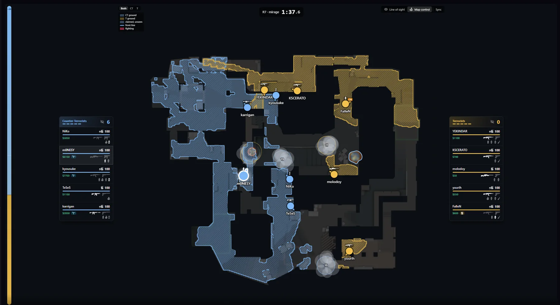 Map control on Mirage: the board tinted with CT ground in blue and T ground in gold, team panels on both sides