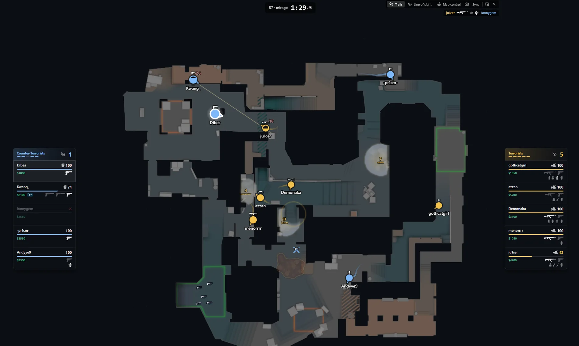 The same instant on the 2D board: nine live players positioned across Mirage with the tenth greyed out as dead in the CT rail, three live smokes with countdowns, a burning molotov, both team economies and the kill feed