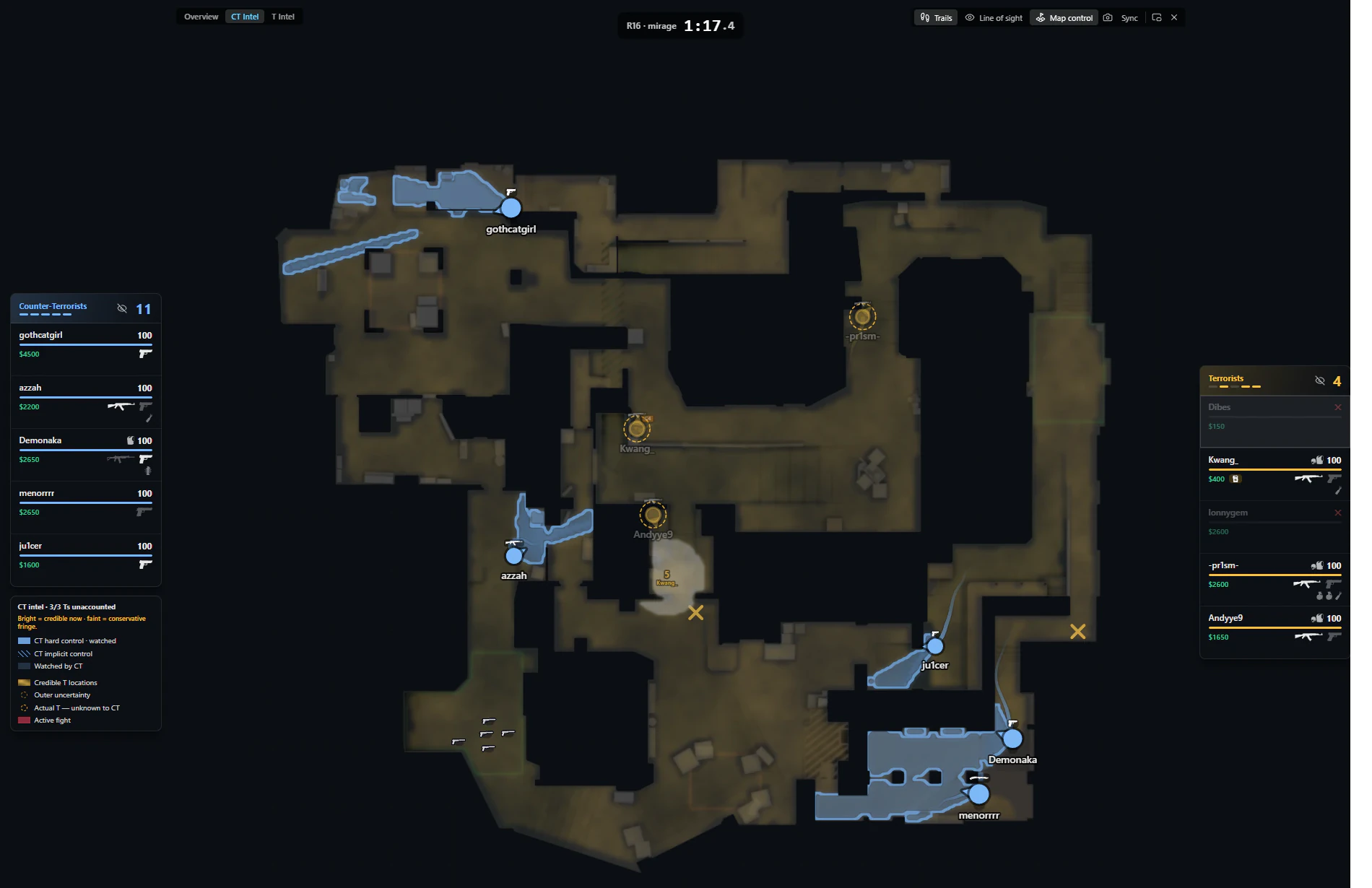 CT Intel view of the same tick, headed "CT intel · 3/3 Ts unaccounted": nearly the whole map washed in the sand colour the app uses for ground a Terrorist could credibly be standing on, the five Counter-Terrorists still solid blue dots, and all three surviving Terrorists drawn as dashed rings where they really were
