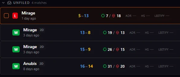 Four rows of the CSReview library under an Unfiled group header: each row a win or loss badge, the map, how long ago it was played, a 2D chip on the ones already converted, the score coloured by which side took the rounds, and kills and deaths