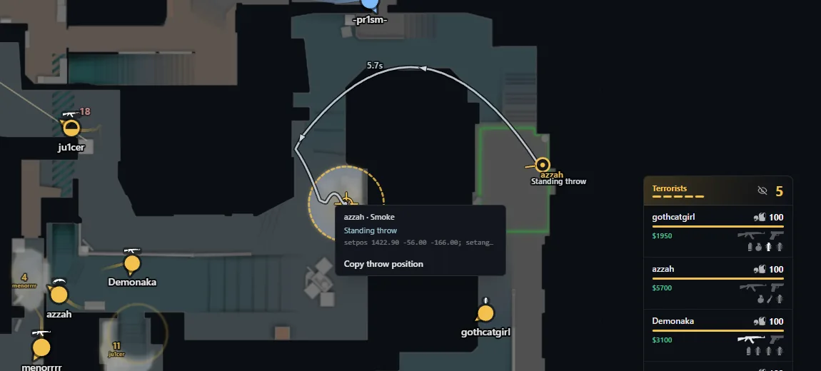 Clicking a smoke on the CSReview board draws its flight arc back to the player who threw it, labelled azzah, standing throw, 5.7 seconds in the air, with a popover offering the setpos and setang console command and a Copy throw position button