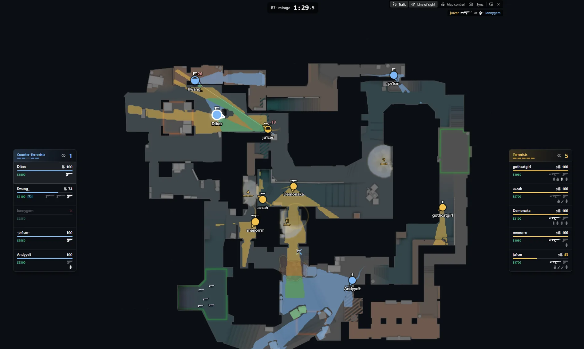 Line of sight on Mirage at round 7: blue vision fields for the Counter-Terrorists and gold for the Terrorists, projected onto the map and cut off by walls and smokes, with a green wedge where a CT and a T can both see the same ground