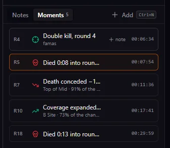The Moments panel from this match: R4 double kill with a famas, R5 died 0:08 into the round, R7 death conceded Top of Mid accounting for 91% of the change, R10 coverage expanded at B Site accounting for 73%, and R18 died 0:13 in