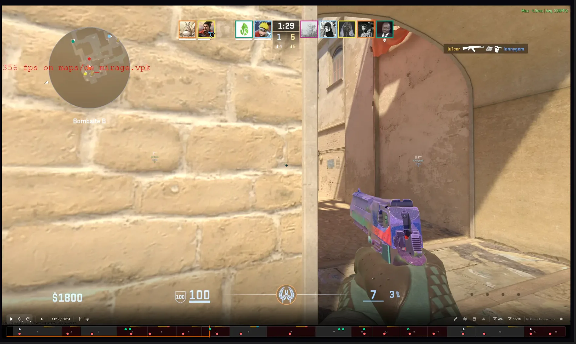 CSReview playing the POV recording on Mirage at 1:29, where the player is holding an angle at Bombsite B facing a brick wall, with the 2D replay riding along as a circular minimap in the top-left corner